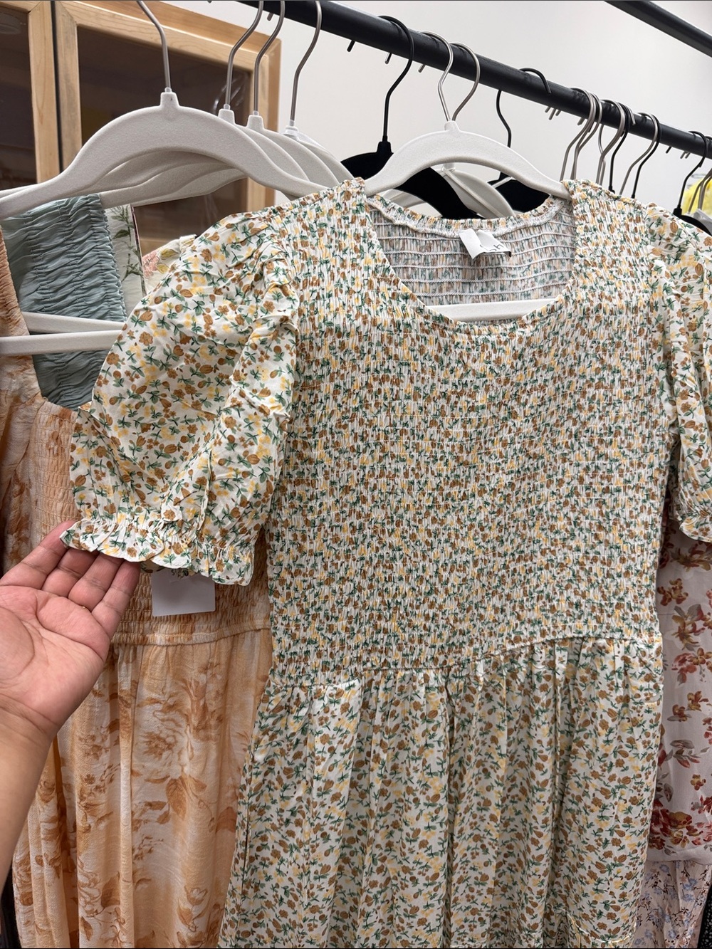 Girls' Floral Smocked Puff-Sleeve Dress - Cream with Green & Yellow Floral - Picture 2 of 3